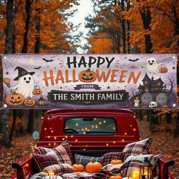 Personalized Family Halloween Banner – 71″ x 24″ – Spooky Ghost and Pumpkin
