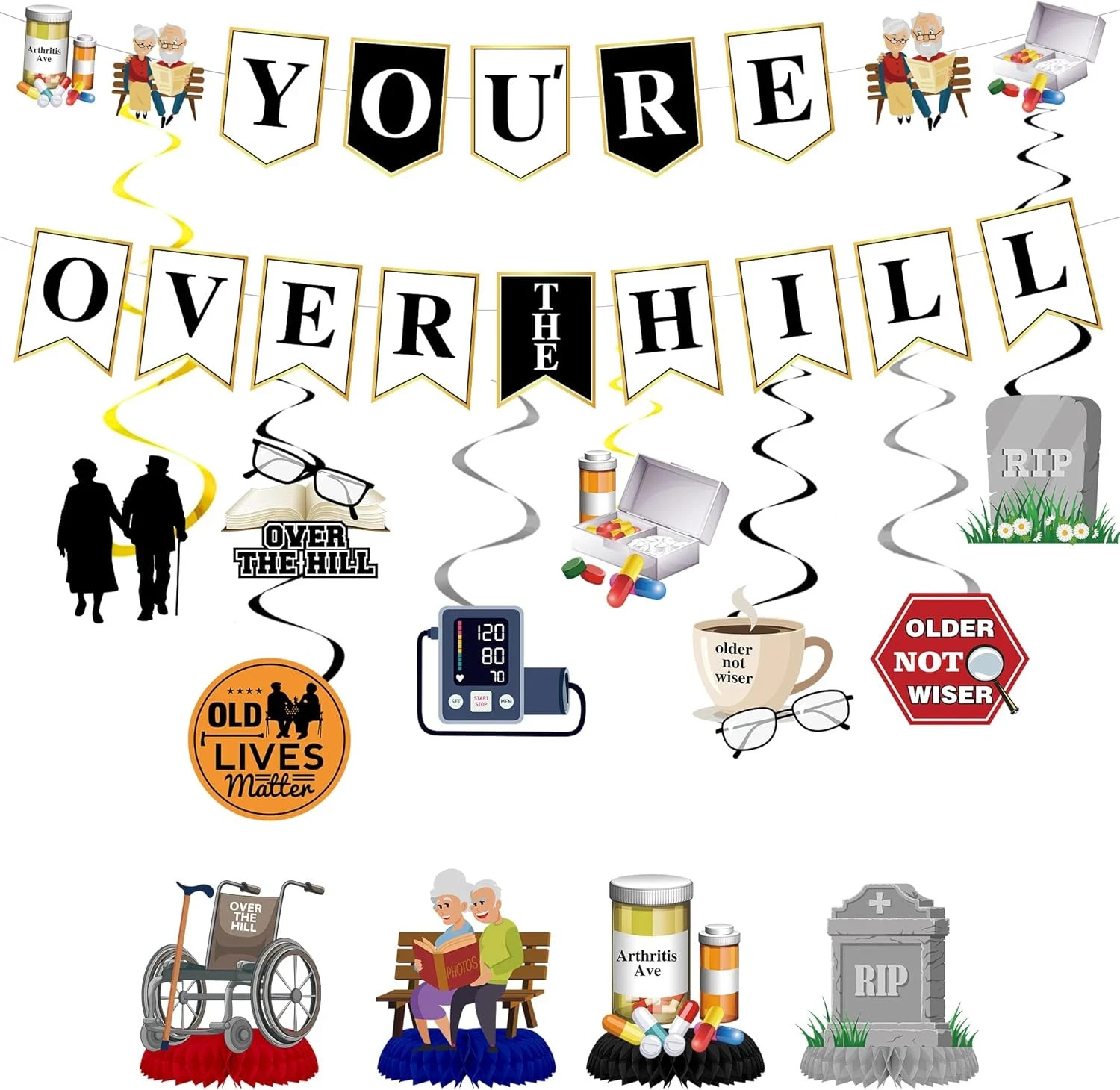 Over the Hill Birthday Decorations – 14 Pcs over the Hill Banner Honeycomb Cente