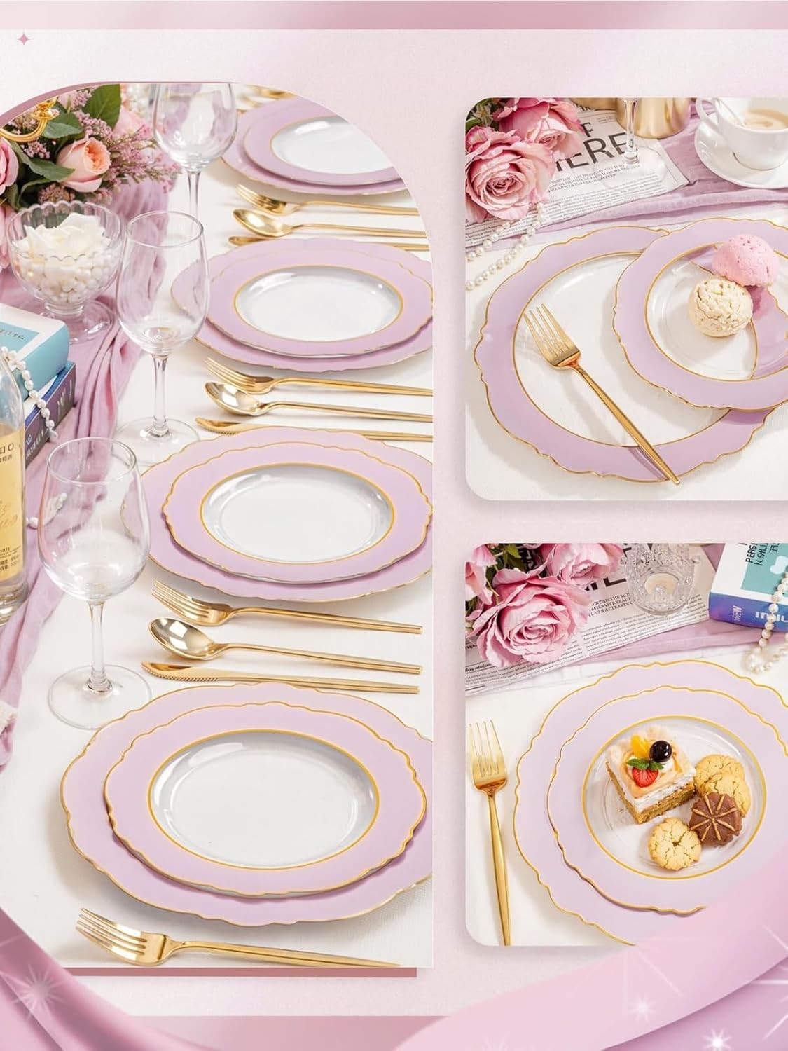 60Pcs Pink Plates Disposable with Gold Rim – Baroque Clear Pink and Gold Plas…
