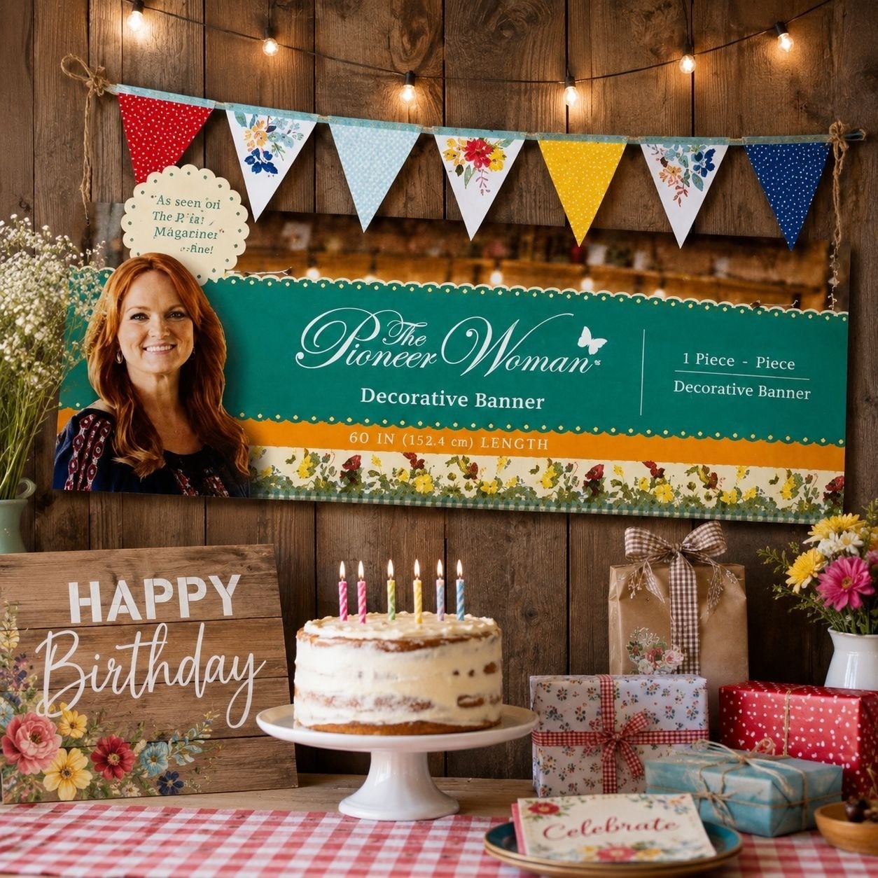 The Pioneer Woman Birthday or All Occasion Floral Dots 60in Decorative Banner