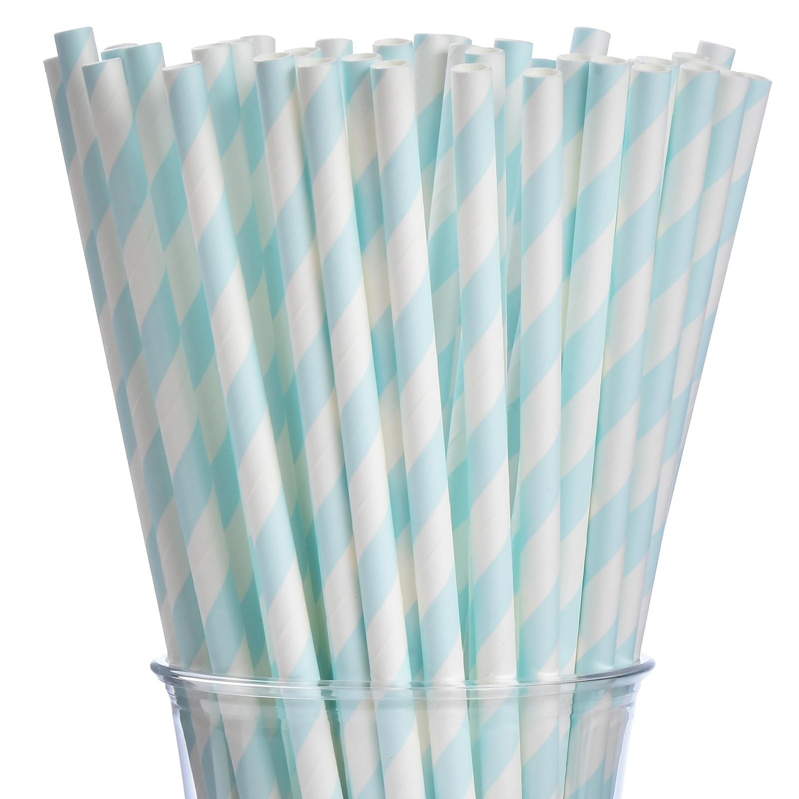 ALINK 100 Light Baby Blue and White Striped Paper Straws, Biodegradable Disposab