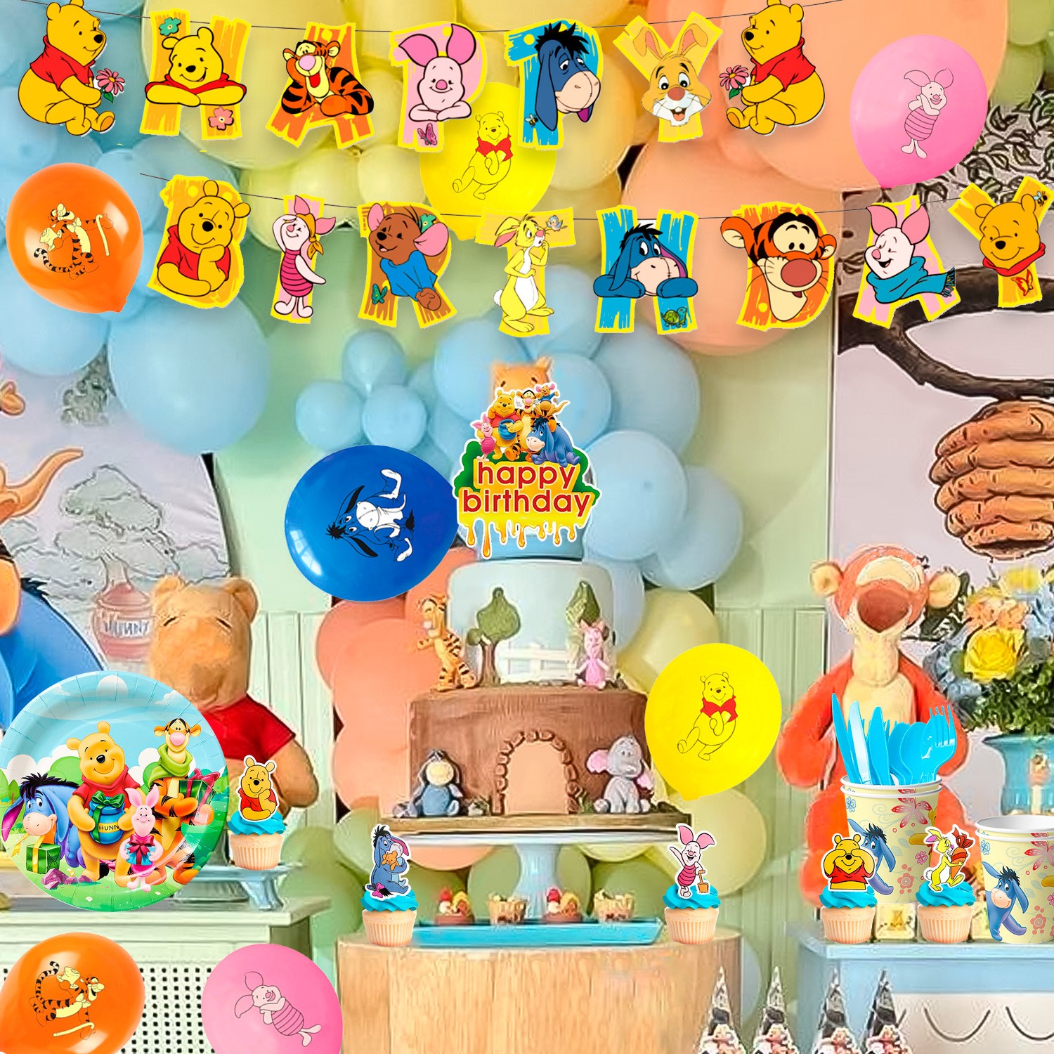 112 Pcs Disney Winnie The Pooh Party Supplies Party Decor Plates Balloon Banner