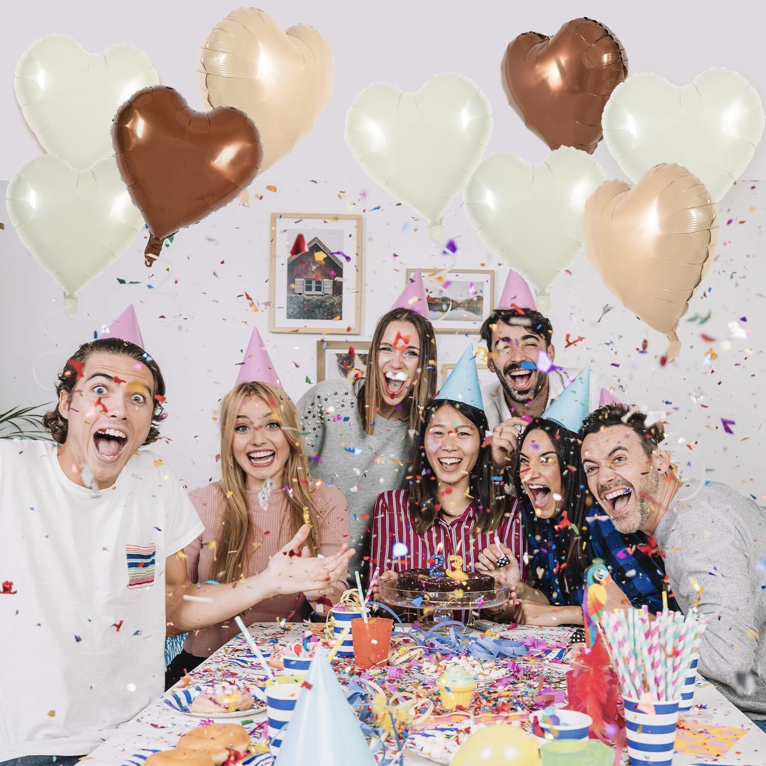 30 Pcs Brown Cream Heart Foil Balloons
