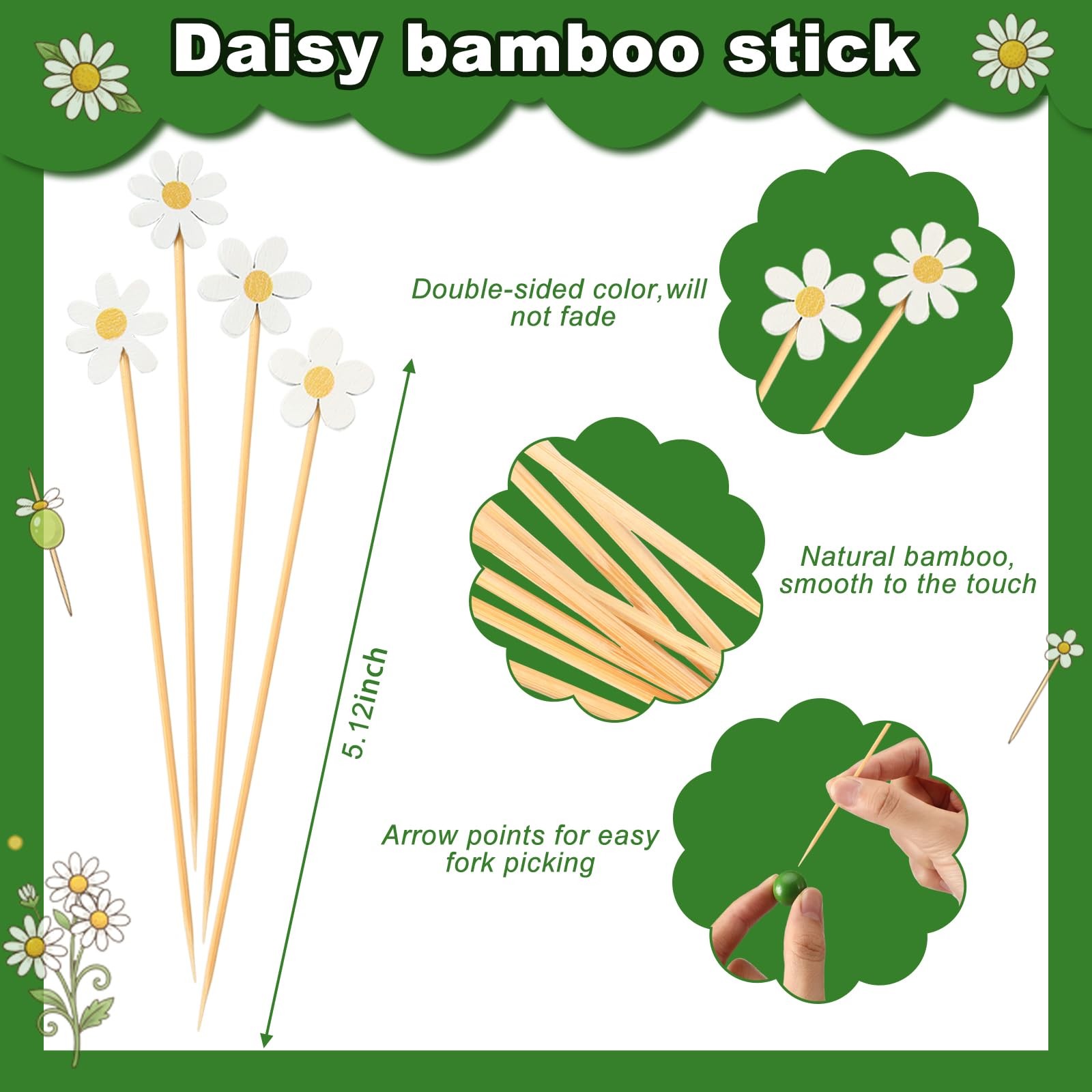 400 Pcs Summer Daisy Cocktail Picks Flower Bamboo Toothpicks Bulk White Daisy…