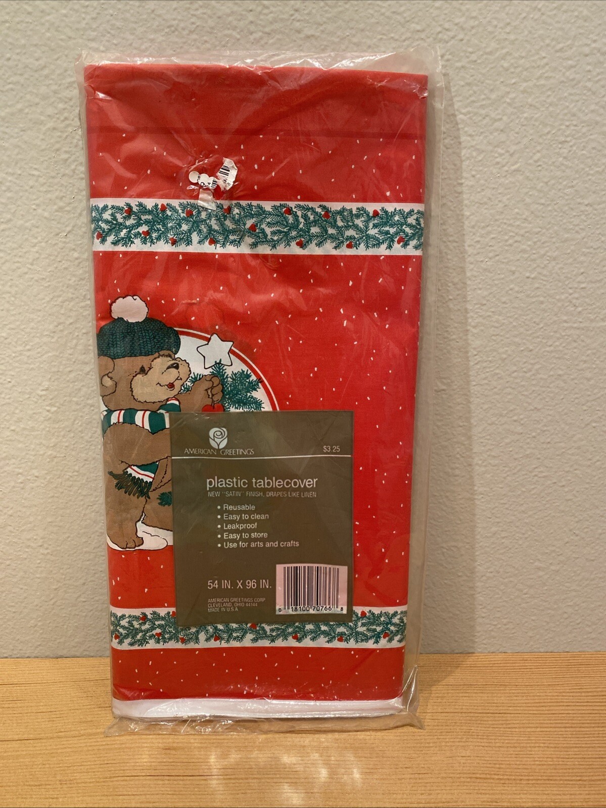 Vintage Plastic Tablecover 54×96 by American Greetings NOS Christmas Bear