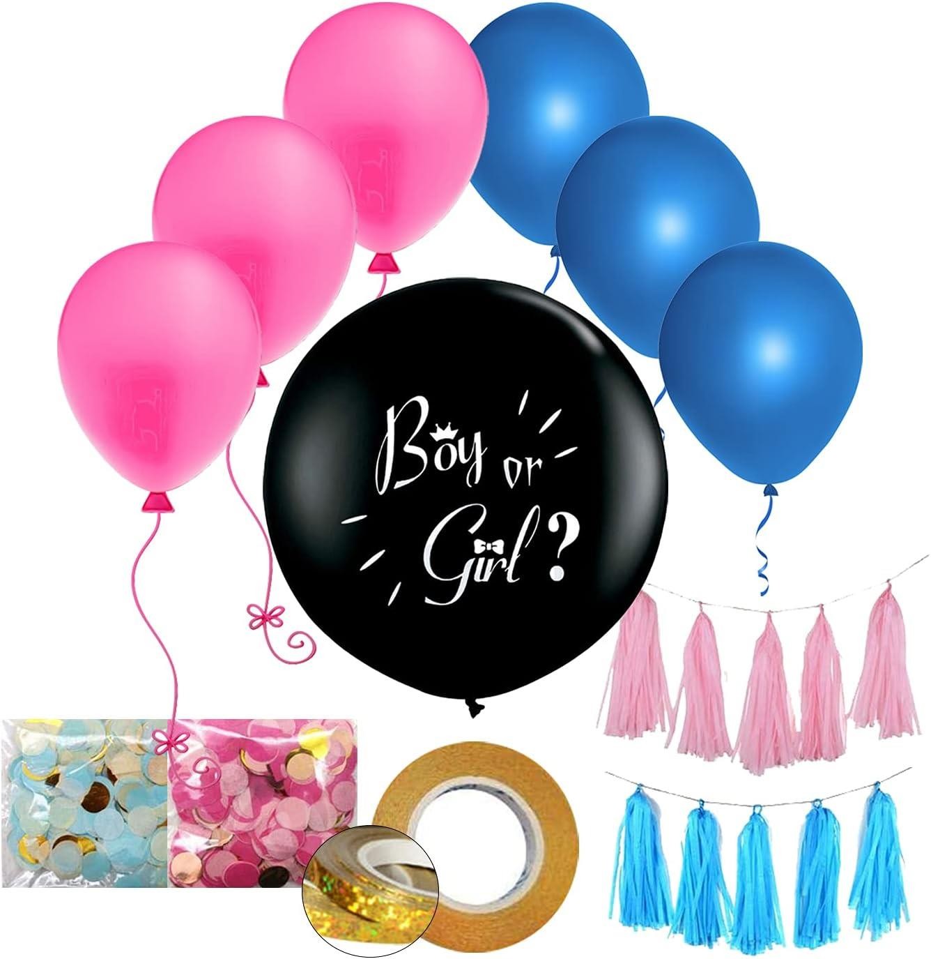 Gender Reveal 36 Inch Balloon Party Pack with Confetti Balloons and Ribbon