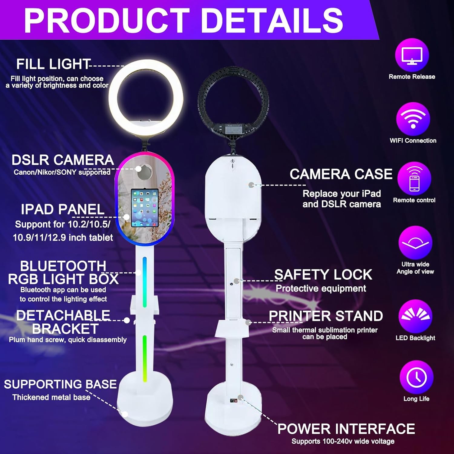 Portable Photo Booth Machine w/Music Sync Light Effects Selfie Booth for Parties