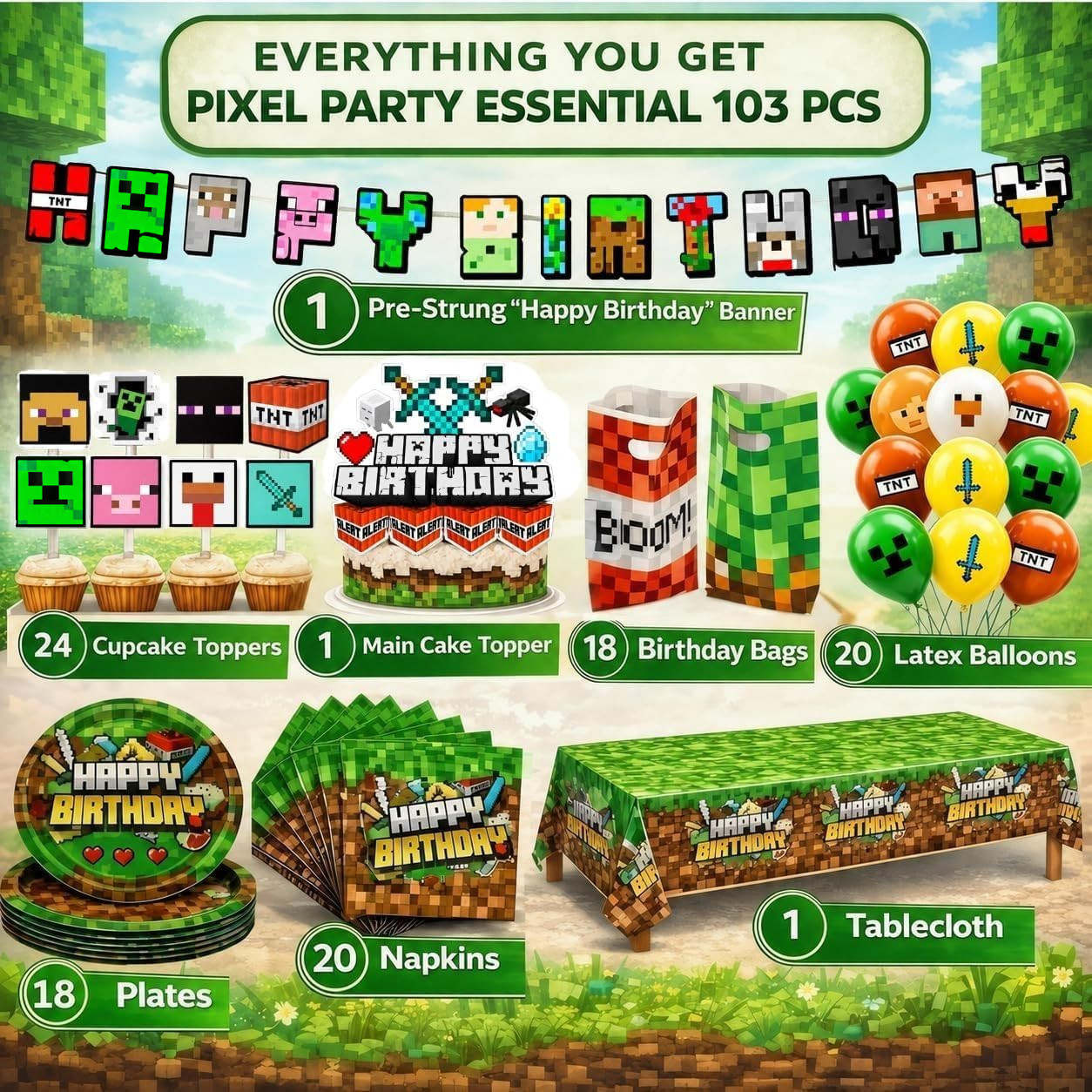 Pixel Birthday Party Decorations, Party Supplies Set Including Banner Tableware
