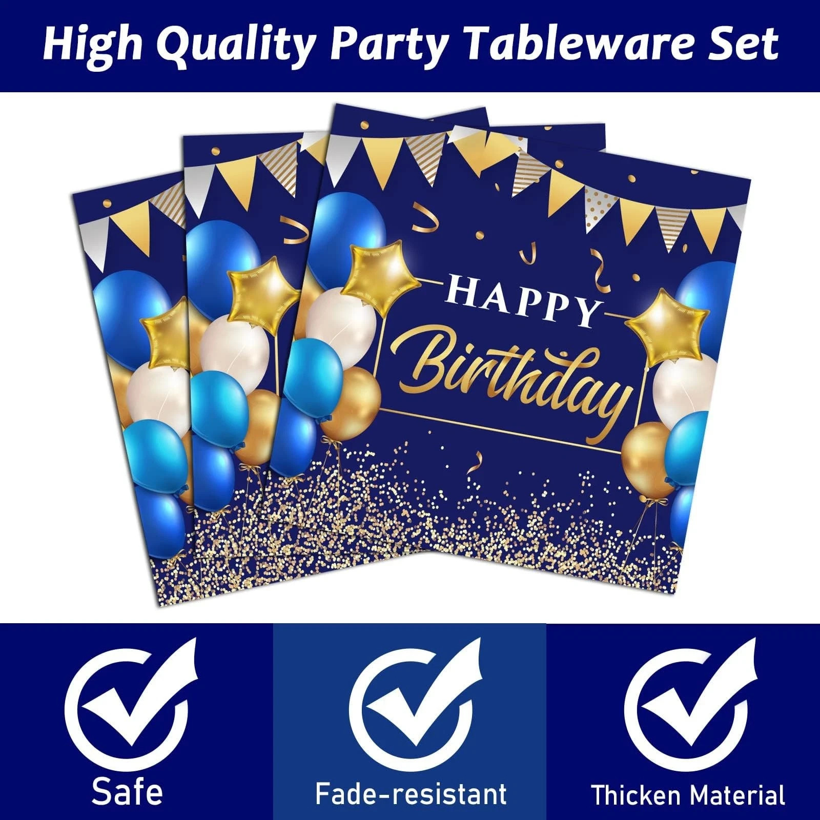50 Guest Blue & Gold Birthday Party Plates, Napkins & Tableware Set – 200 PCS