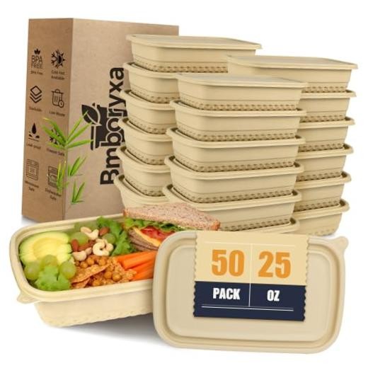 50Pack Meal Prep Containers Reusable with Lids, 25oz Bamboo-Powder Food