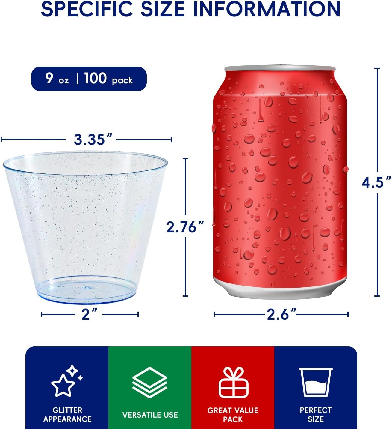 100 Pack 9 oz Blue Plastic Cups, Disposable Cups Tumblers, Elegant Blue Glitter