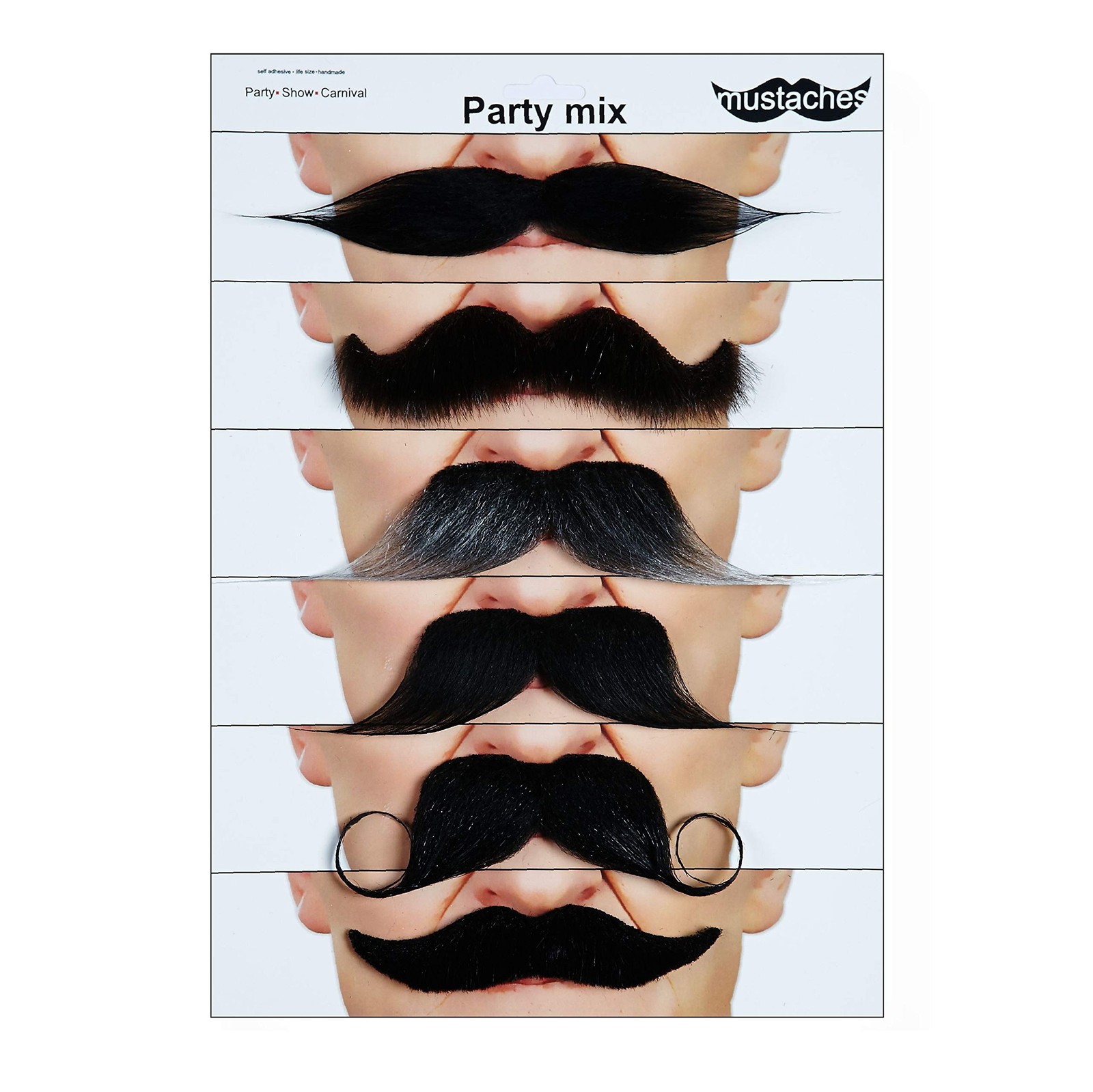 Self Adhesive Fake Mustache Mix, Novelty, False Facial Hair Value Pack (6pcs.)