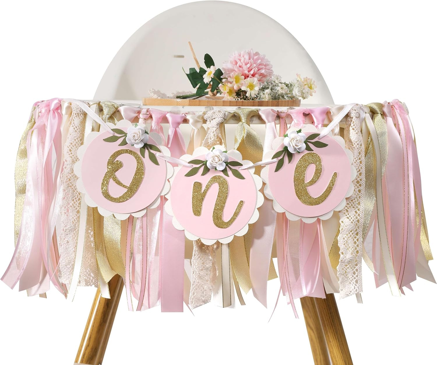 Pink Golden Floral High Chair Banner – Rose 1St Birthday Highchair Banner, Girls