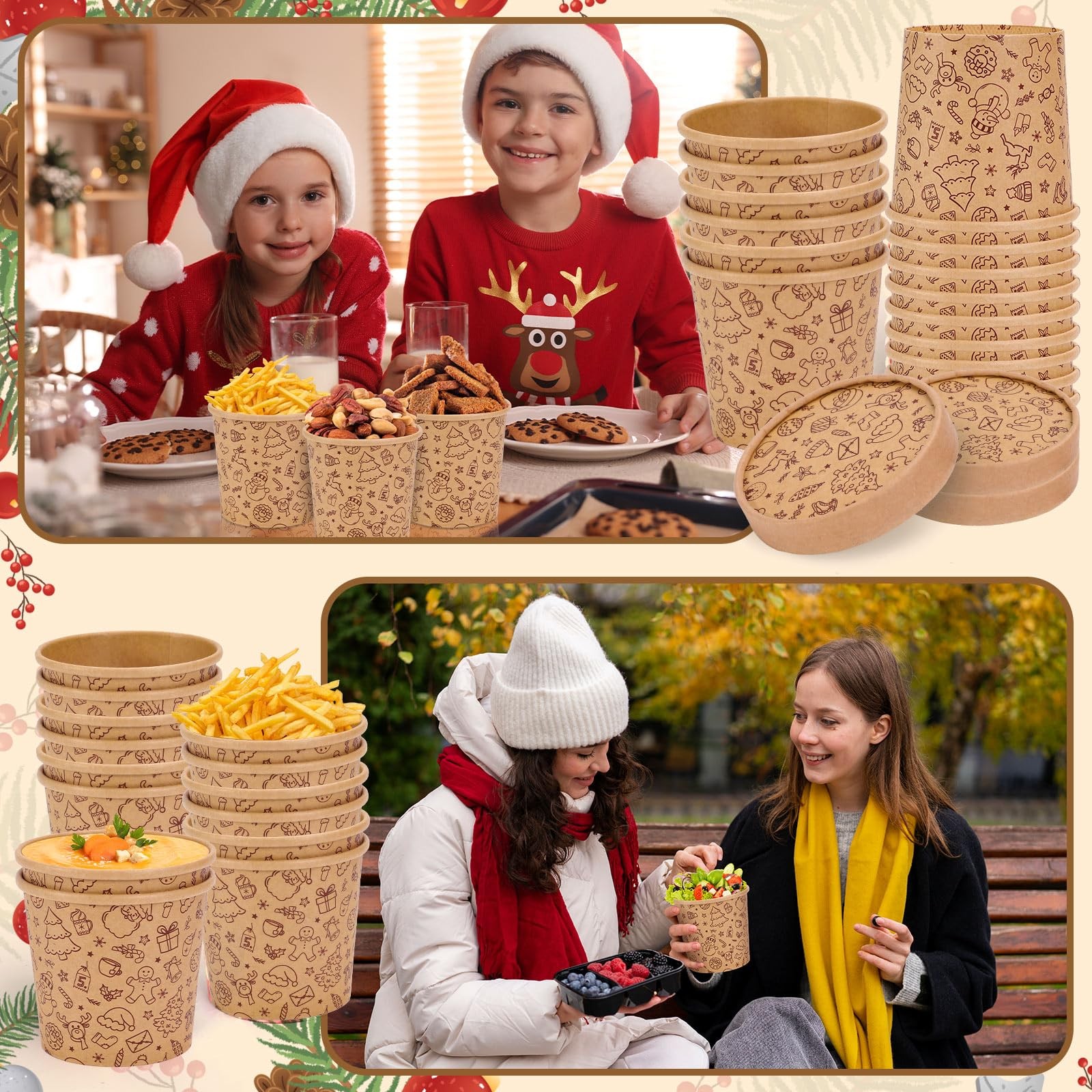 FYSUIMU 50Pcs Christmas Kraft Leftover Containers with Lids 12Oz Xmas Pattern Pa