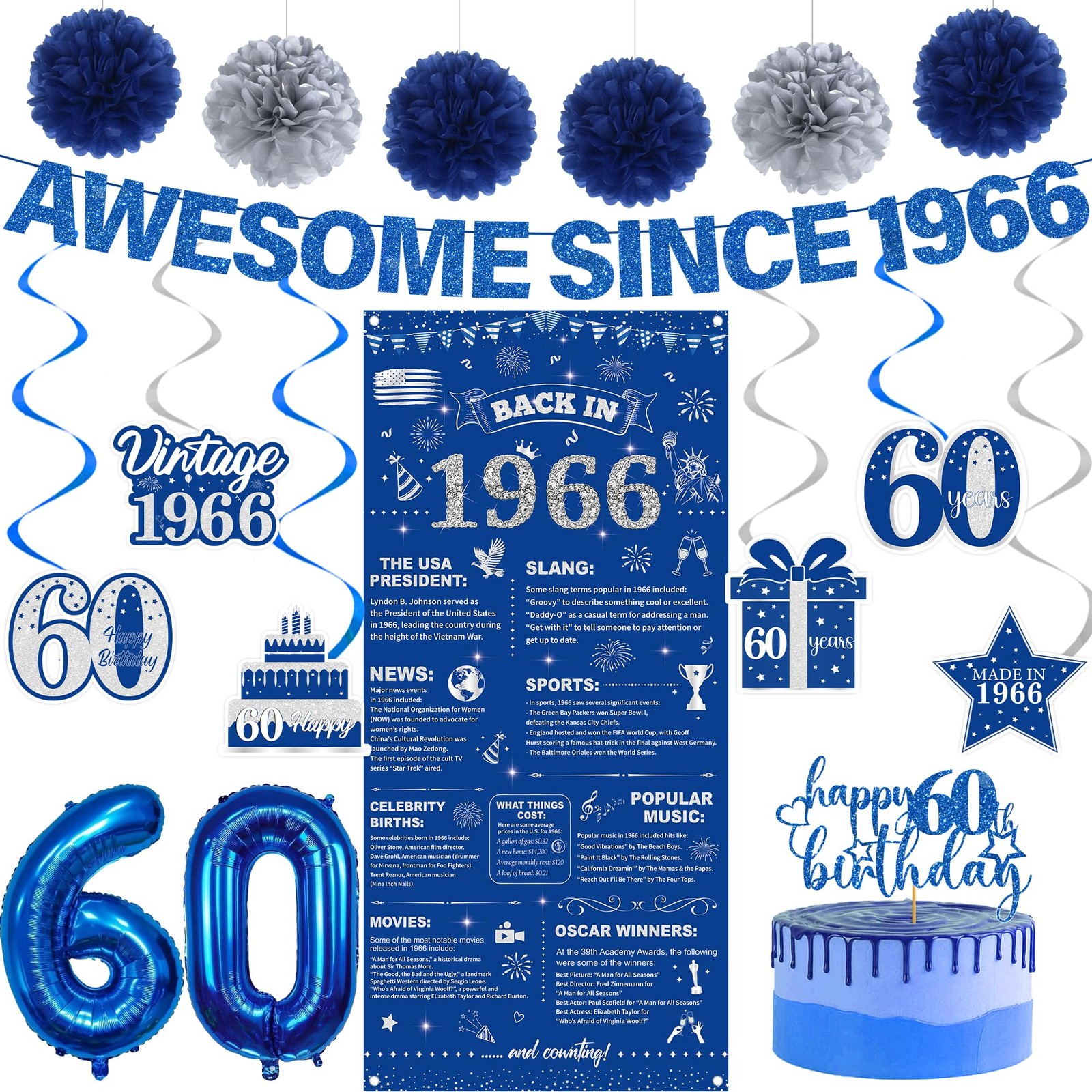 60th Birthday Decorations Men Banner – 17 Pcs Blue Glitter Back In 1966 Birth…