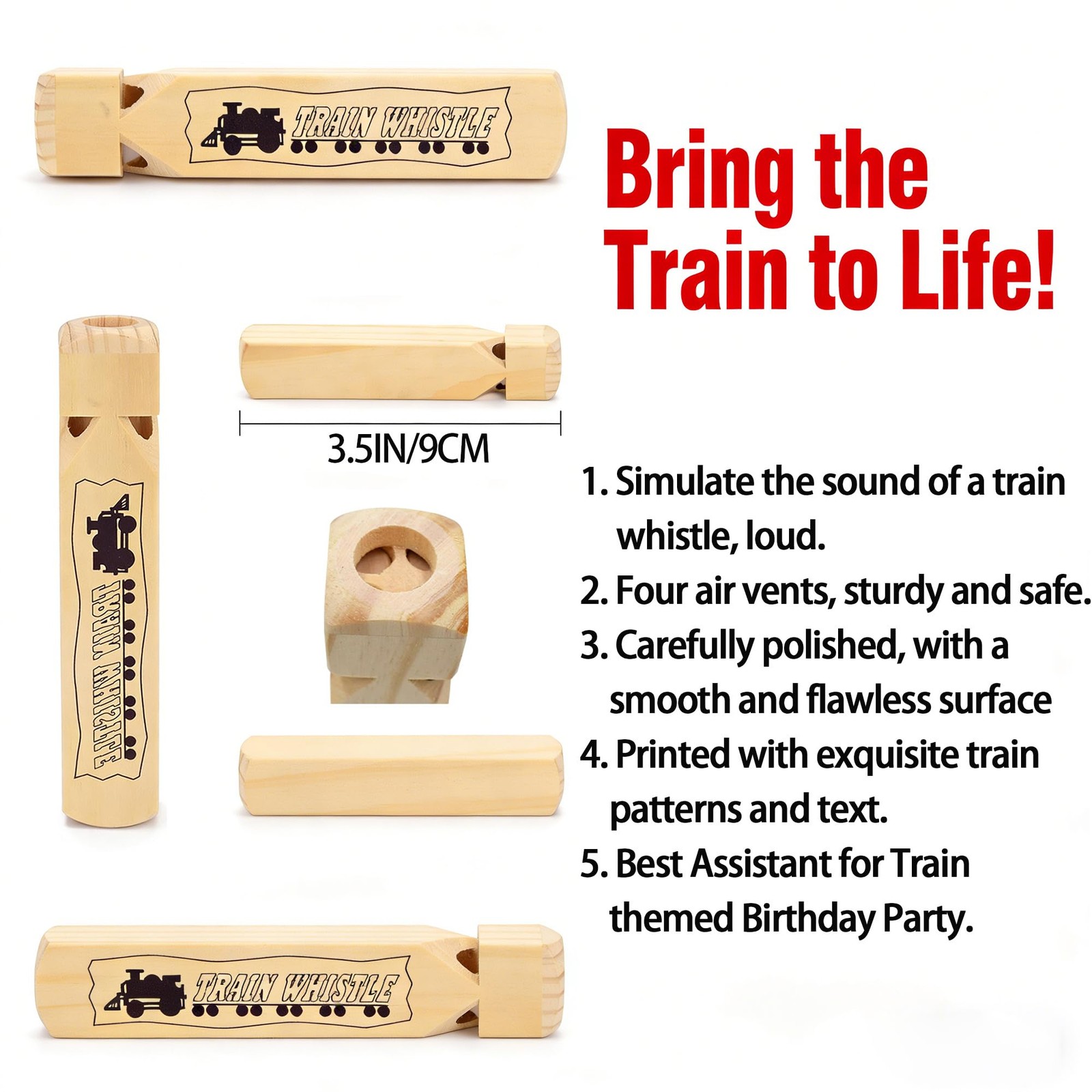 Solid Wood Train Whistle 4 Tones, Noisemaker Toys and Conductor Whistle for Birt