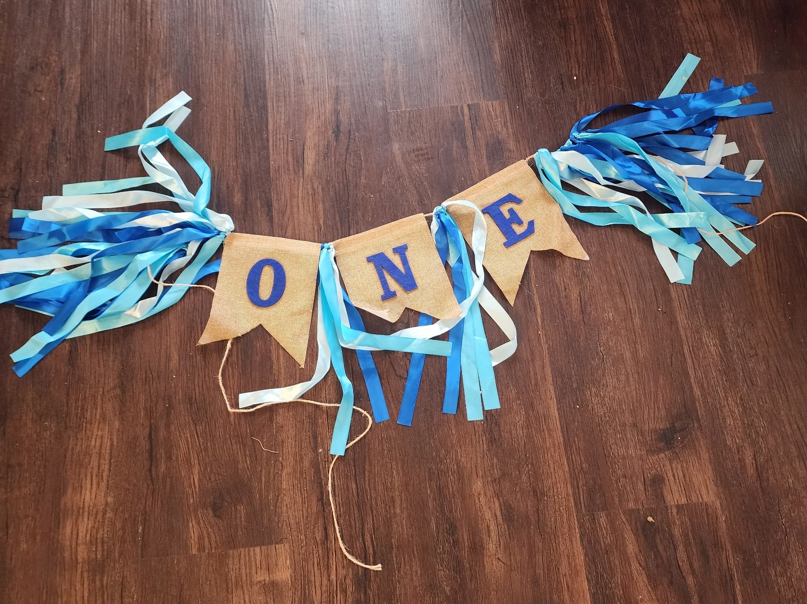 Burlap “ONE” 1st Birthday Bunting Banner Garland, Blue/White Tassels