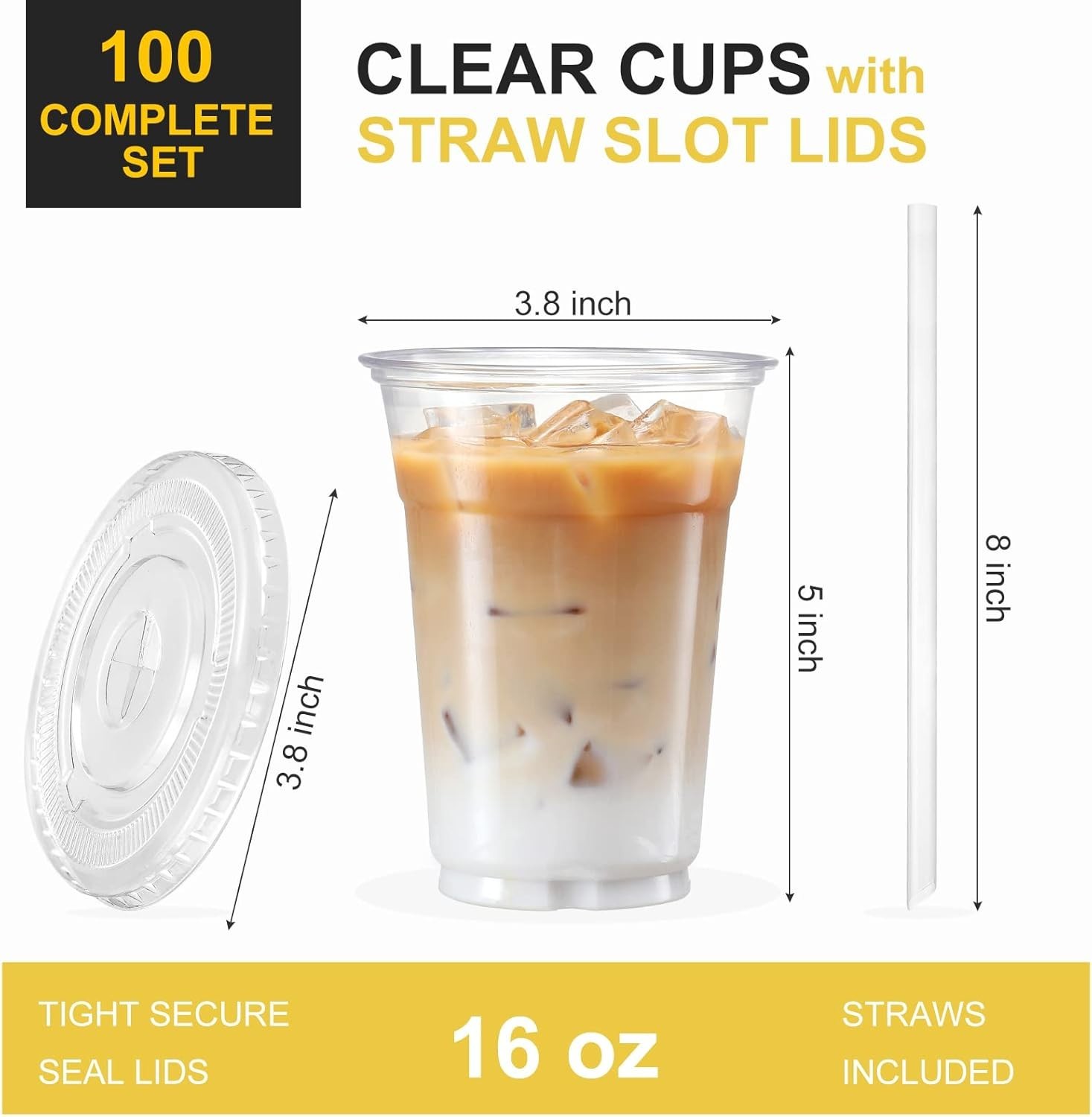 100 Sets – 16oz] Clear Plastic Cups with Lids and Straws, Disposable Iced Cof…