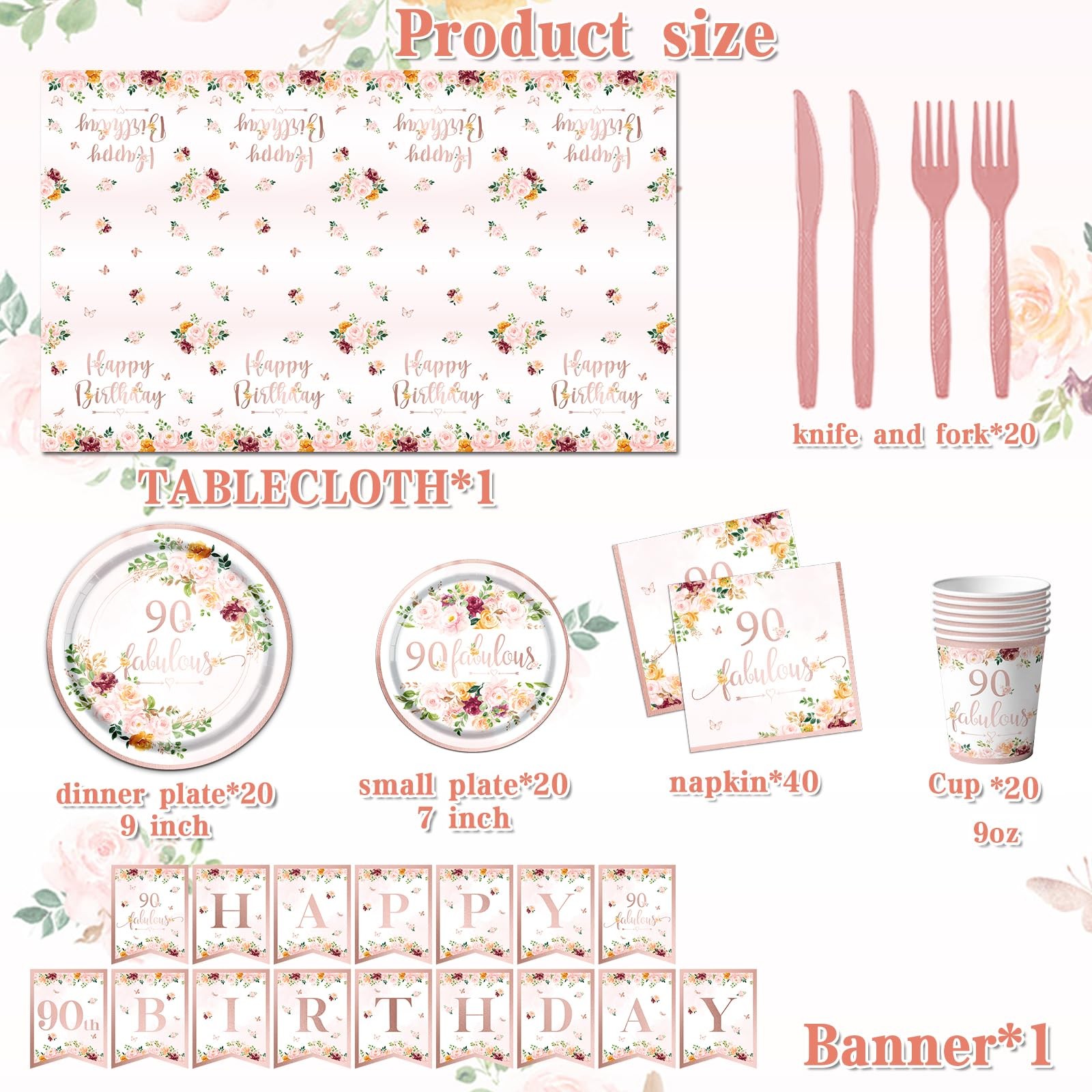Rose Gold 90th Birthday Party Decorations – Tableware Set with Plates, Napkins