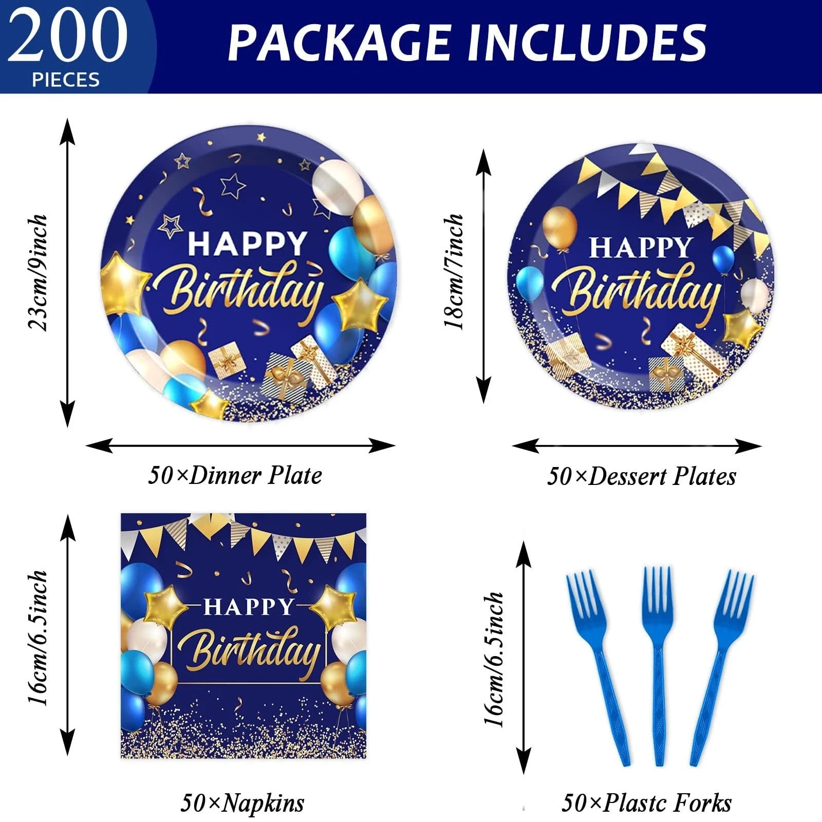 50 Guest Blue & Gold Birthday Party Plates, Napkins & Tableware Set – 200 PCS