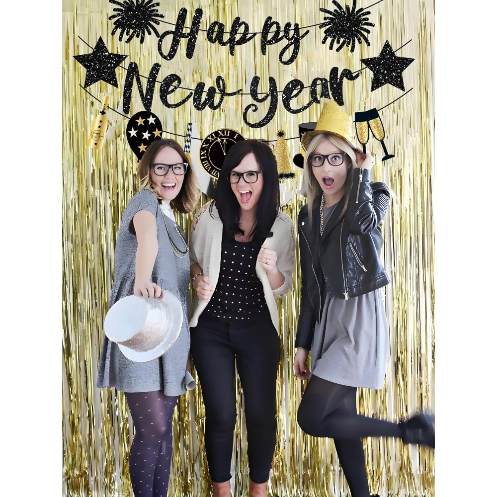 Happy New Year Banner Black Glitter Pre-Strung NYE Sign Garland Banner for Happy