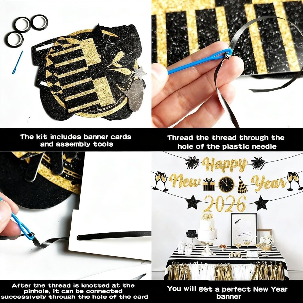 Gold Black New Years Decorations 2026 Glitter Banner New Years Eve Party
