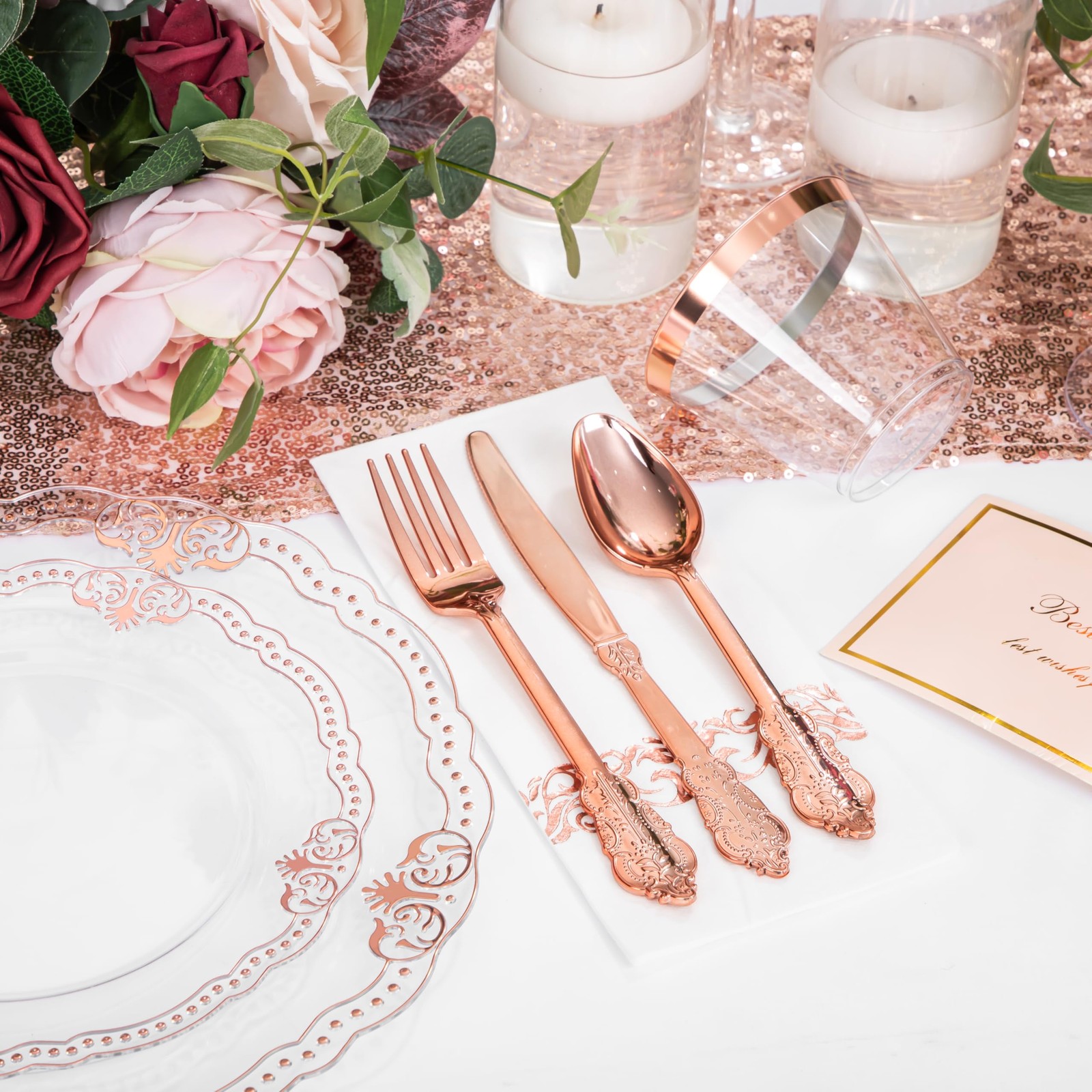 175 PCS Rose and Gold Plastic Plates – Fancy Rose Gold Disposable Dinnerware …