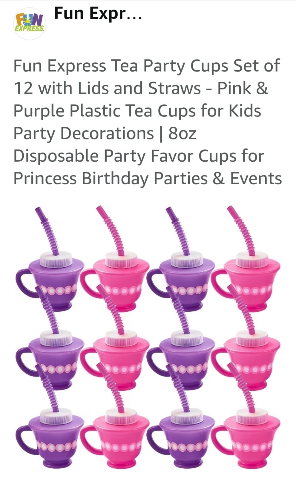 Fun Express 12pc 8oz Tea Party Reusable BPA-Free Plastic Cups with Lids & S