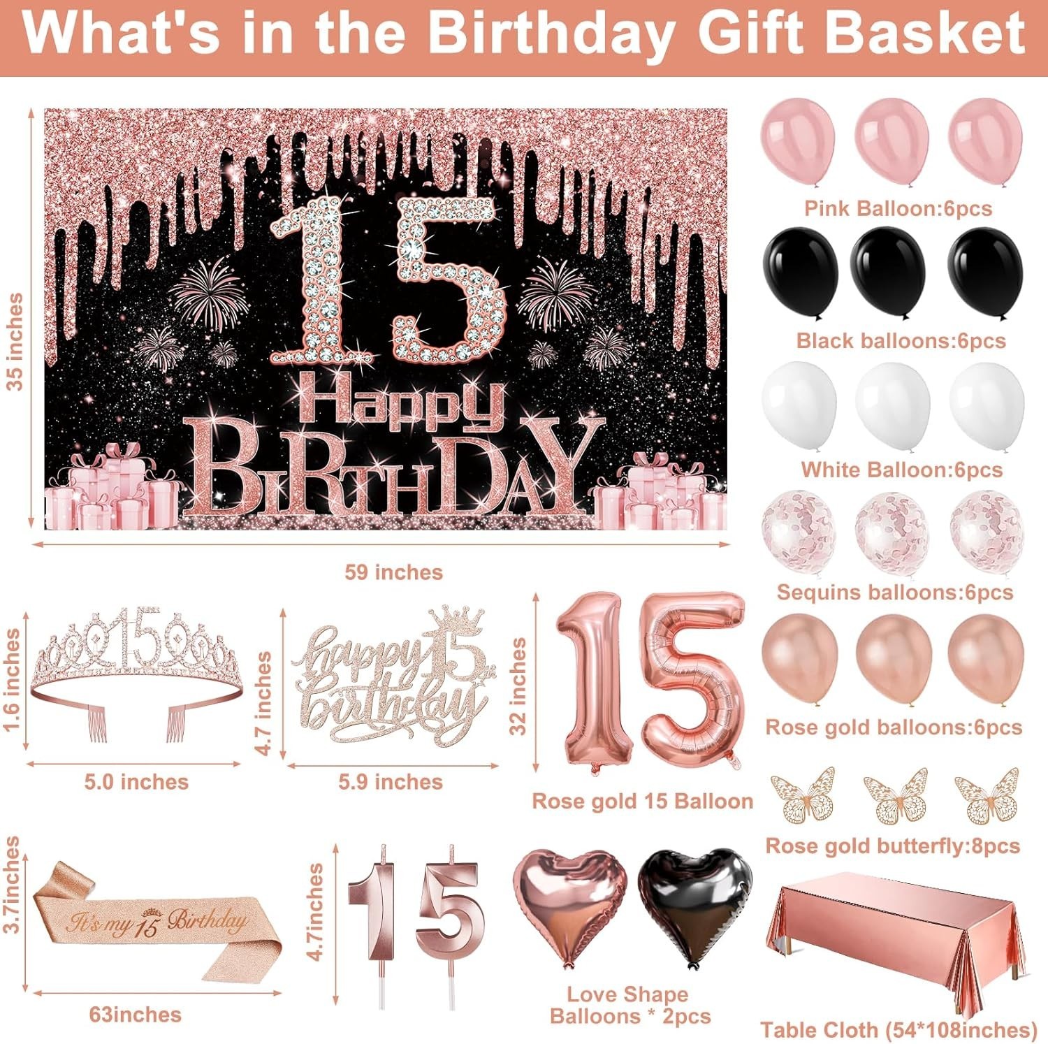 15th Birthday Decorations for Girls, 49pcs Black Rose Gold Black Banner, Tabl…