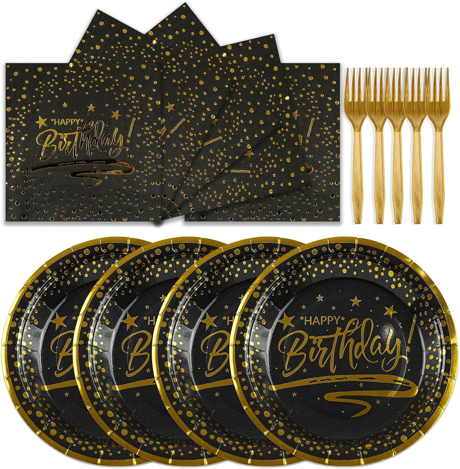 Birthday Party Plates Napkins Forks Set, 72 Pc, Black Gold Dot, Disposable
