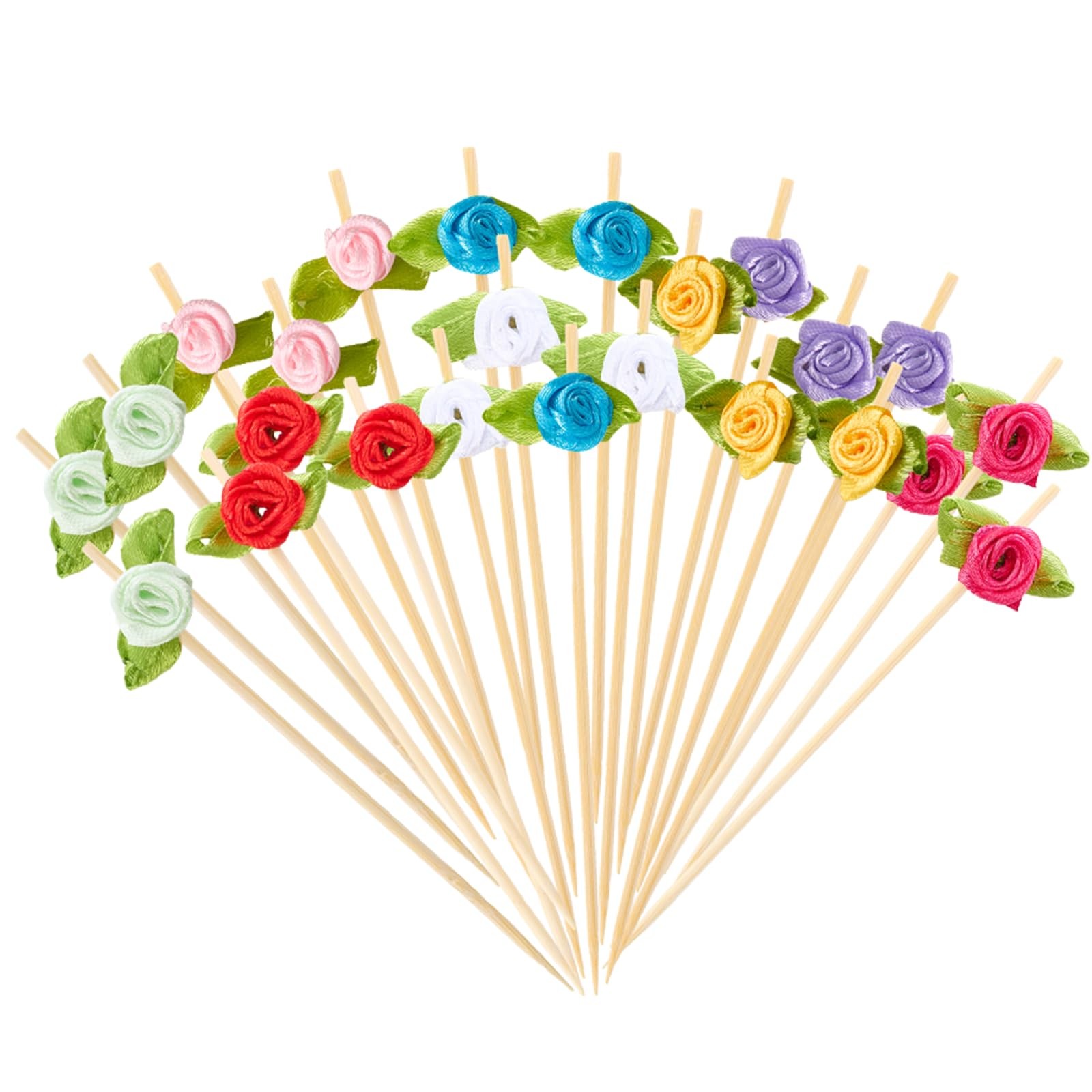 100 Counts Rose Flower Cocktail Picks 4.7 Inch Multicolor Cute Bamboo Toothpi…