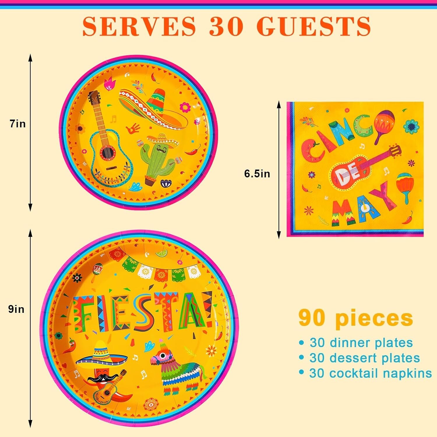 Fiesta Spanish Mexican Disposable Contemporary Multicolor Set (Plates, Napkins)