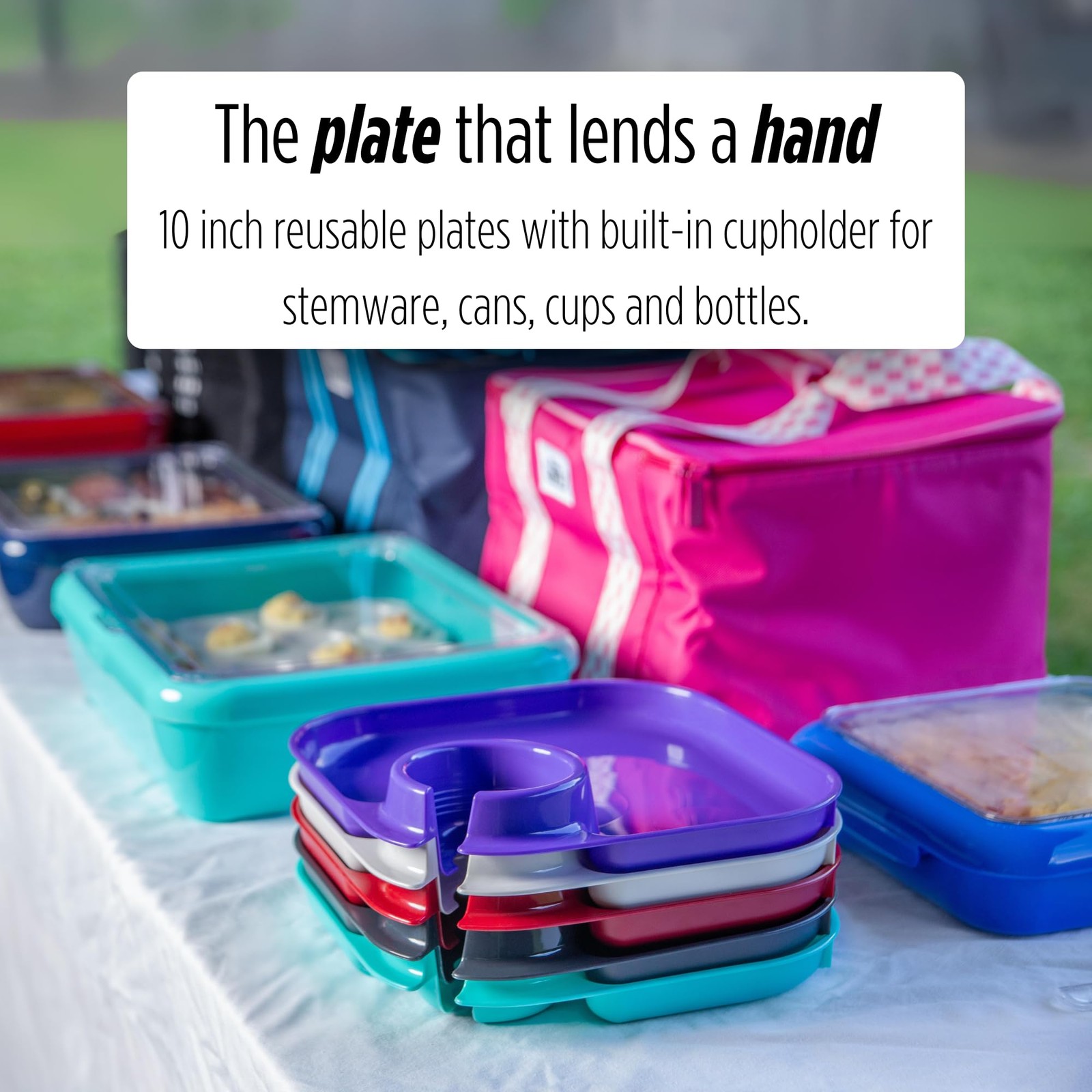 Fancy Panz Party Plates with Cup Holder – Set of 4 Purple Reusable BPA Free Plas