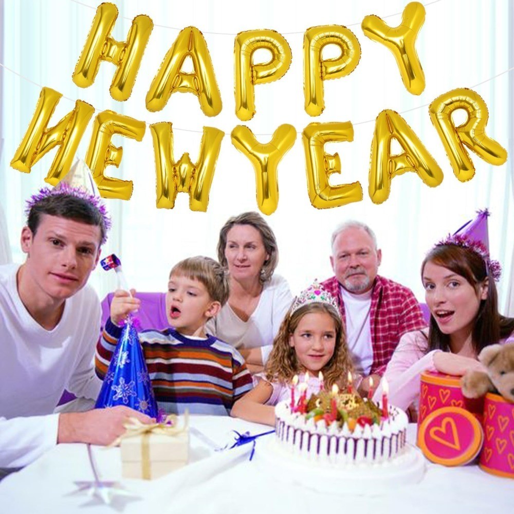 Gold Happy New Year Balloons, 16 Inch Gold Happy New Year Banner Decorations