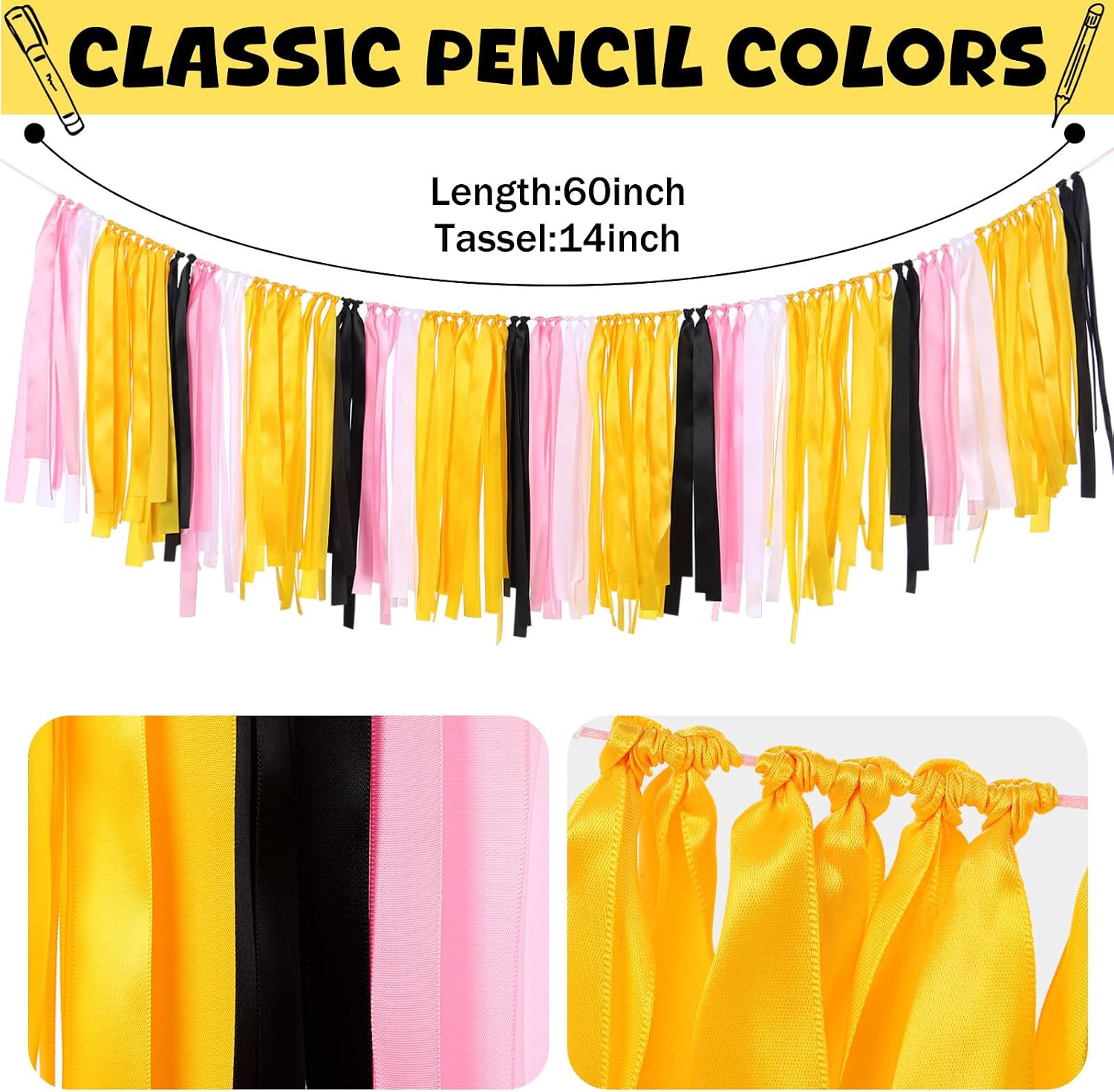 Back to School Decorations Pencil Classroom Ribbon Garland 7.5 Ft Handmade Color