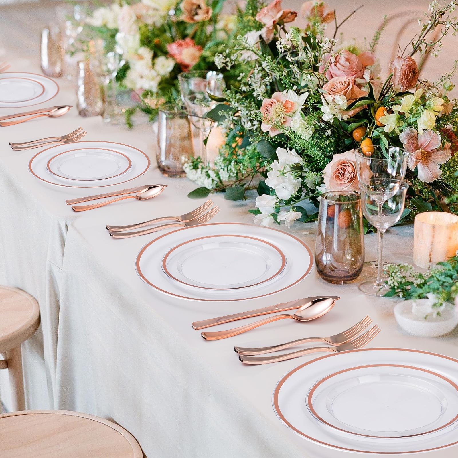 200PCS Rose Gold and Clear Plastic Plates, Rose Gold Disposable Plate Set wit…