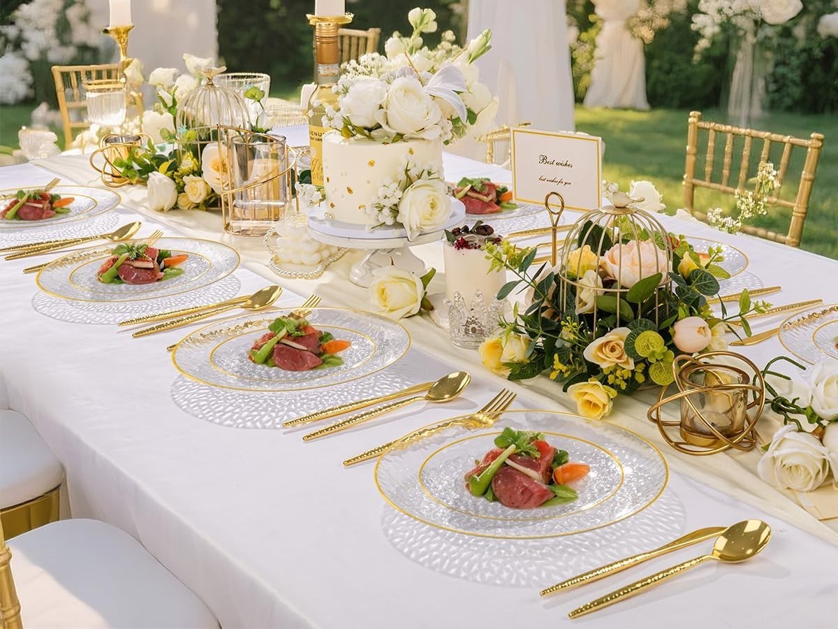 60Pcs Clear Plastic Plates,Clear Disposable Plates With Gold Rim,Heavy-duty G…
