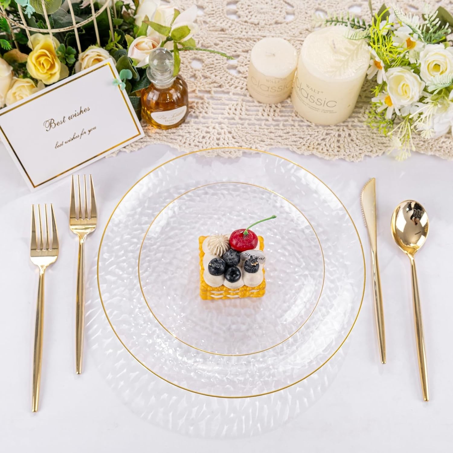 60Pcs Clear Plastic Plates,Clear Disposable Plates With Gold Rim,Heavy-duty G…