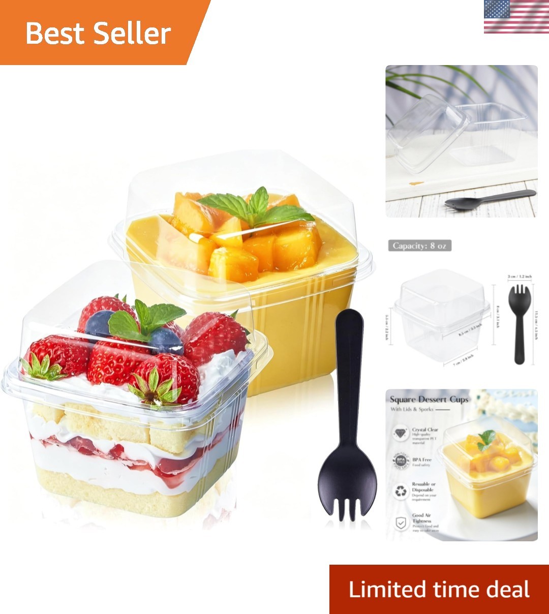 50Ct 8 oz Square Plastic Dessert Cups with Lids and Sporks, Clear Plastic Yog…
