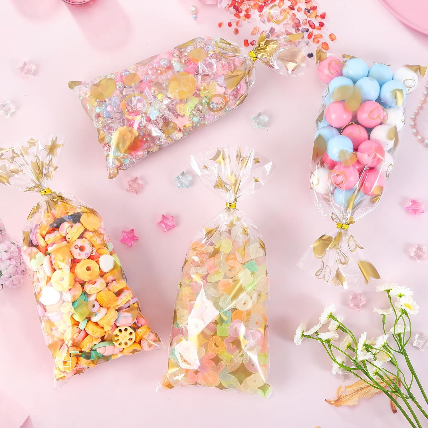 100 Pcs Gold 5″X11″ Gift Wrap Cellophane Treat Bags Clear Party Favor