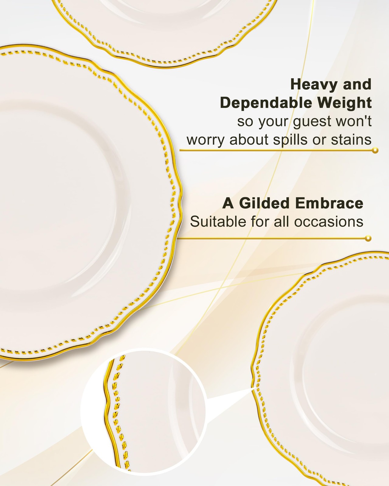 60PCS Ivory Plastic Plates Ivory and Gold Disposable Dinnerware with Gold Ri…