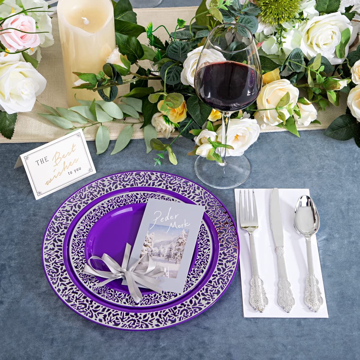 150PCS Purple Silver Plastic Plates with Silver Silverware, Silver Party Supp…