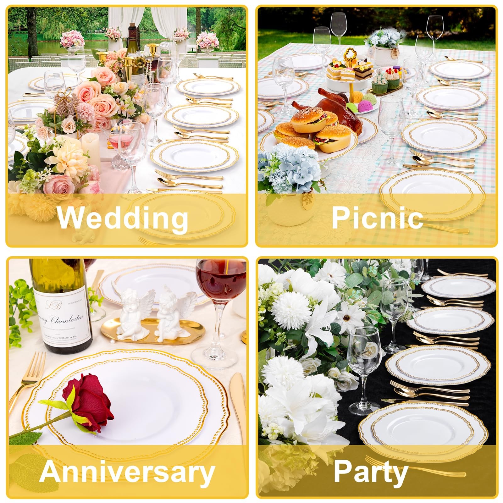 60pcs Gold Plastic Plates – White and Gold Disposable Dinnerware with Gold Ri…