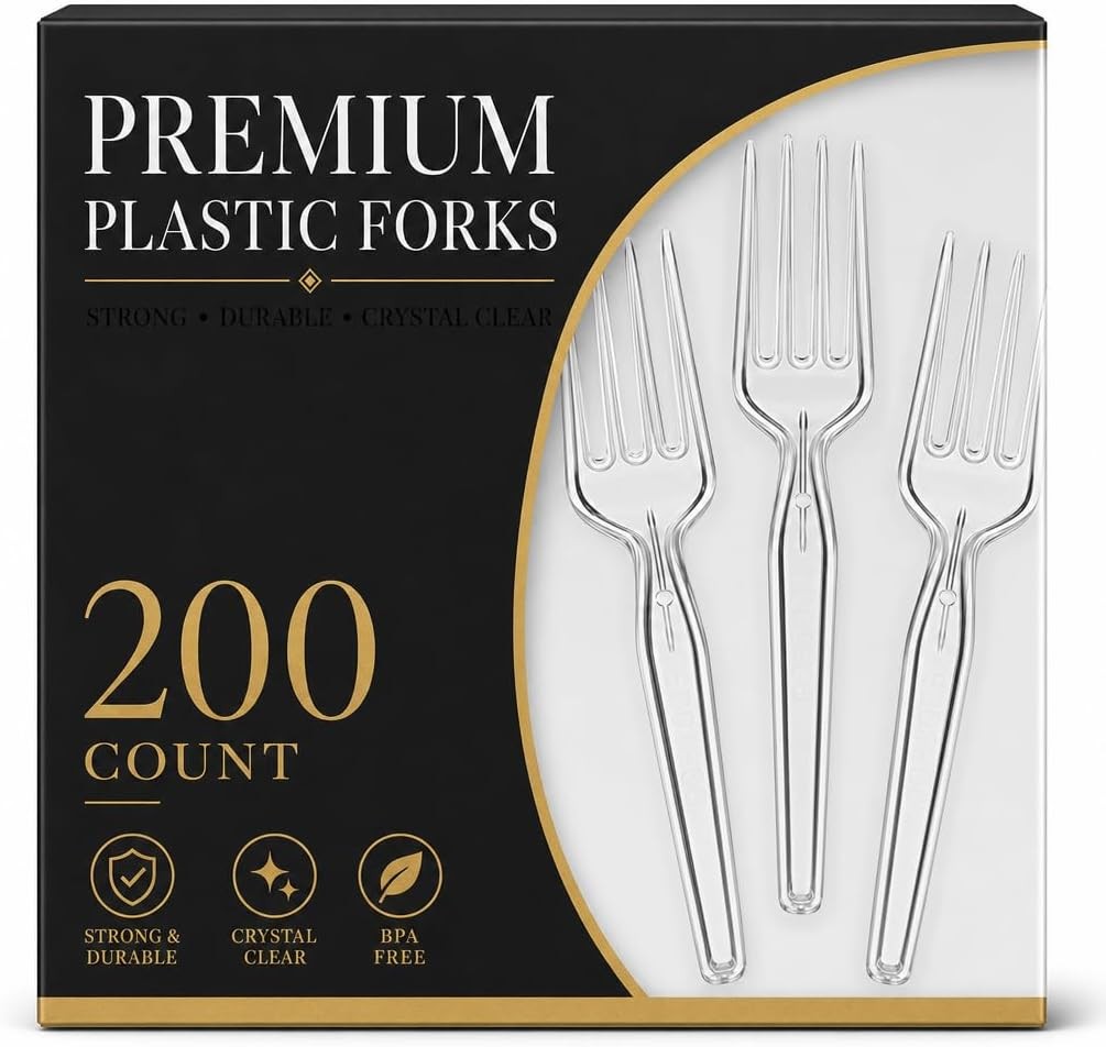 Clear Plastic Forks, 200 Count – Heavyweight Disposable Forks, BPA-Bulk Plastic