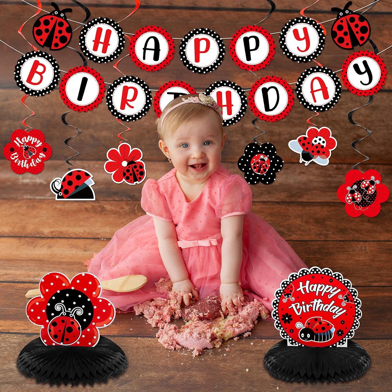 Ladybug Fancy Party Decoration Kit – Cute Birthday Banner, Honeycomb Red
