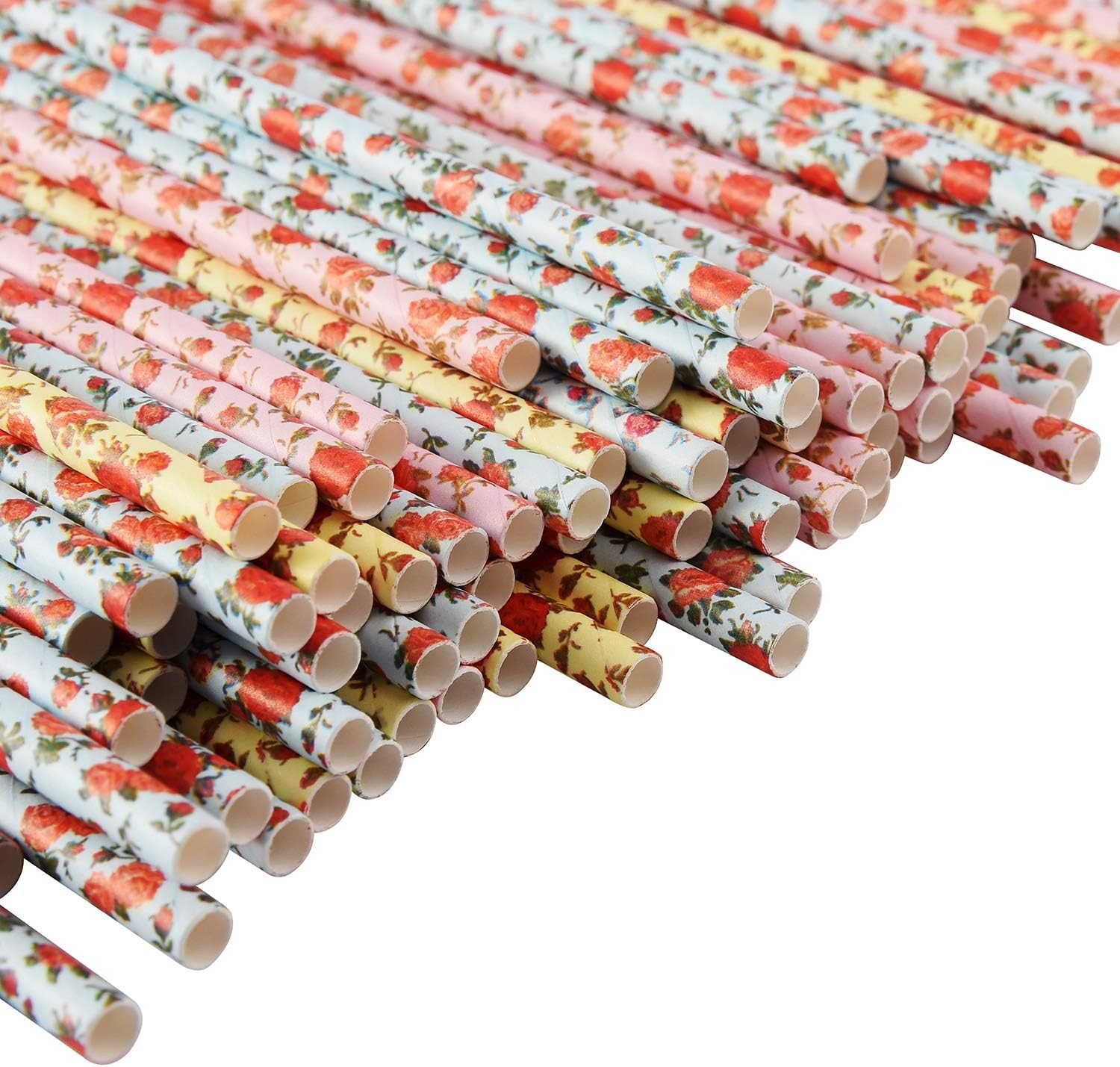 ALINK Floral Paper Straws, Biodegradable 7.75×0.25 Inch (Pack of 100),