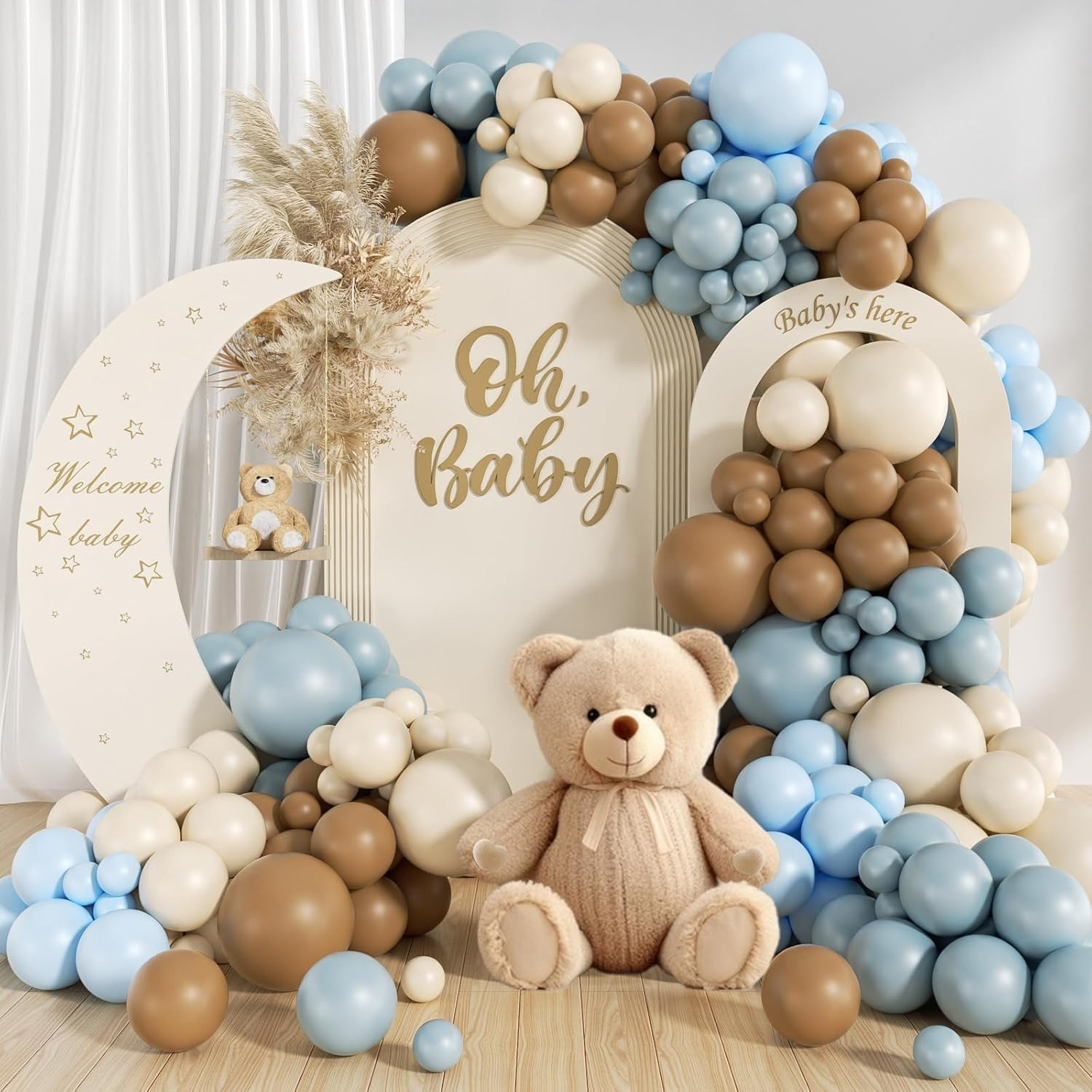 146Pcs Dusty Blue and Brown Balloon Arch Kit, Bear Baby Shower Decorations