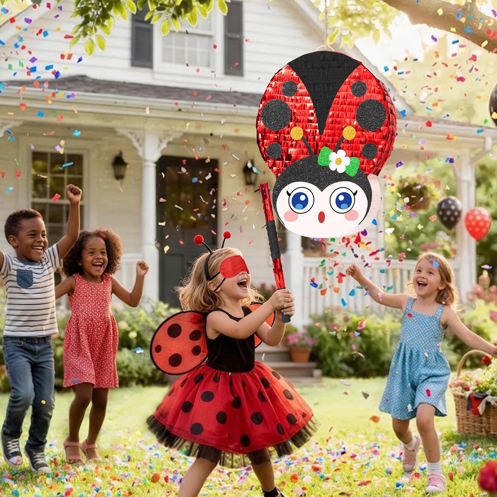 Ladybug Piñata – Red with Blindfold & Stick for Kids Birthday Garden Party