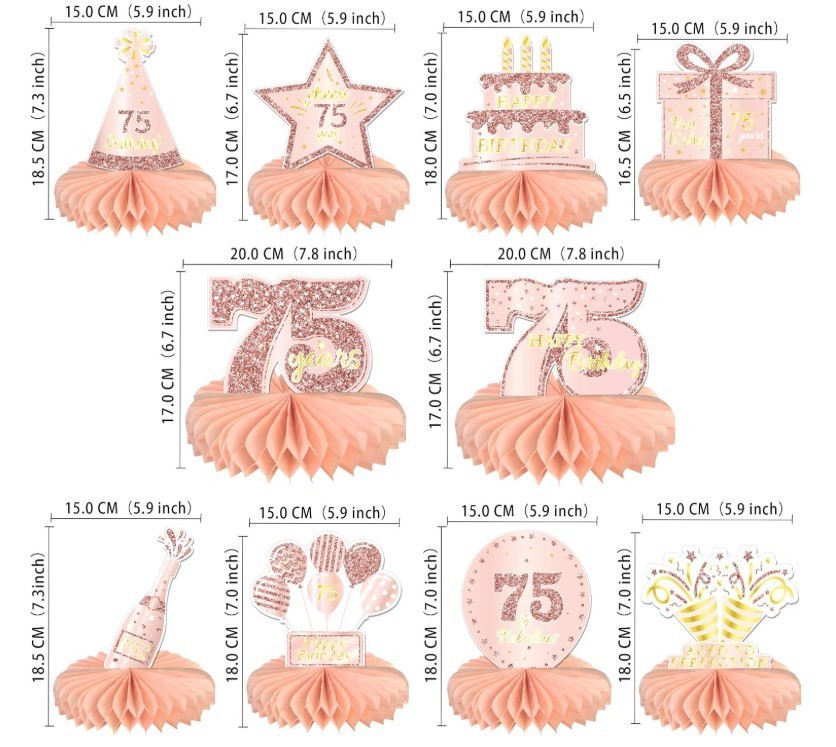 10 PCS Rose Gold Pink 75th Birthday Honeycomb Table Topper Centerpieces