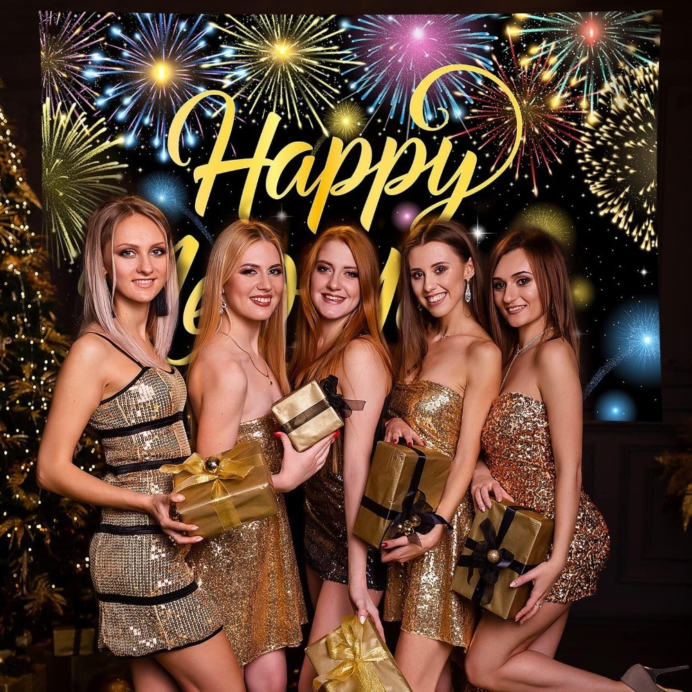 Happy New Year Banner Colorful Firework New Years Backdrop for 2026 Party